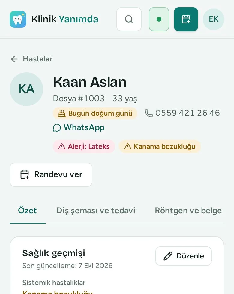 Telefonda hasta kartı: alerji ve hastalık uyarıları, sağlık geçmişi