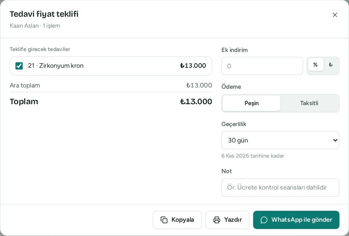 Tedavi fiyat teklifi penceresi